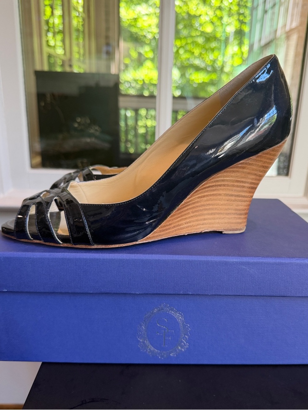 Sarah Flint Navy Patent Peep-Toe Wedge Pumps